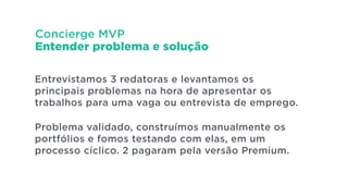 Concierge MVP
Entender problema e solução
Entrevistamos 3 redatoras e levantamos os
principais problemas na hora de apresentar os
trabalhos para uma vaga ou entrevista de emprego.
!
Problema validado, construímos manualmente os
portfólios e fomos testando com elas, em um
processo cíclico. 2 pagaram pela versão Premium.
 