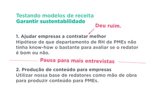Testando modelos de receita
Garantir sustentabilidade
1. Ajudar empresas a contratar melhor
Hipótese de que departamento de RH de PMEs não
tinha know-how o bastante para avaliar se o redator
é bom ou não.
!
!
2. Produção de conteúdo para empresas
Utilizar nossa base de redatores como mão de obra
para produzir conteúdo para PMEs.
Deu ruim.
Pausa para mais entrevistas
 