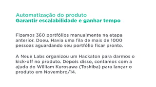 Automatização do produto
Garantir escalabilidade e ganhar tempo
Fizemos 360 portfólios manualmente na etapa
anterior. Doeu. Havia uma fila de mais de 1000
pessoas aguardando seu portfólio ficar pronto.
!
A Neue Labs organizou um Hackaton para darmos o
kick-off no produto. Depois disso, contamos com a
ajuda do William Kurosawa (Toshiba) para lançar o
produto em Novembro/14.
 