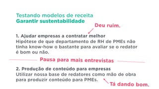 Testando modelos de receita
Garantir sustentabilidade
1. Ajudar empresas a contratar melhor
Hipótese de que departamento de RH de PMEs não
tinha know-how o bastante para avaliar se o redator
é bom ou não.
!
!
2. Produção de conteúdo para empresas
Utilizar nossa base de redatores como mão de obra
para produzir conteúdo para PMEs.
Deu ruim.
Pausa para mais entrevistas
Tá dando bom.
 