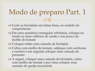 Modo de preparo Part. 1 
 
 Corte as berinjelas em fatias finas, no sentido do 
comprimento 
 Em uma assadeira retangular refratária, coloque no 
fundo as duas colheres de azeite e um pouco de 
molho de tomate 
 Coloque então uma camada de berinjela 
 Cubra com molho de tomate, salpique com azeitonas 
e coentro e em seguida coloque uma camada de 
presunto 
 A seguir, coloque uma camada de berinjela, cubra 
com molho de tomate e por cima coloque uma 
camada de queijo muzzarela 
 