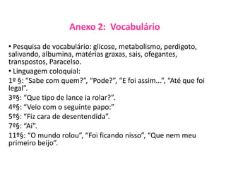 Anexo 2: Vocabulário
• Pesquisa de vocabulário: glicose, metabolismo, perdigoto,
salivando, albumina, matérias graxas, sais, ofegantes,
transpostos, Paracelso.
• Linguagem coloquial:
1º §: “Sabe com quem?”, “Pode?”, “E foi assim...”, “Até que foi
legal”.
3º§: “Que tipo de lance ia rolar?”.
4º§: “Veio com o seguinte papo:”
5º§: “Fiz cara de desentendida”.
7º§: “Aí”.
11º§: “O mundo rolou”, “Foi ficando nisso”, “Que nem meu
primeiro beijo”.
 