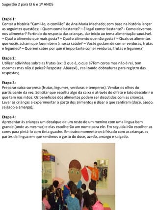 Sugestão 2 para EI 6 e 1º ANOS 
Etapa 1: 
Contar a história “Camilão, o comilão” de Ana Maria Machado; com base na história lançar 
as seguintes questões: - Quem come bastante? – É legal comer bastante? - Como devemos 
nos alimentar? Partindo da resposta das crianças, dar início ao tema alimentação saudável. 
– Qual o alimento que mais gosta? – Qual o alimento que não gosta? – Quais os alimentos 
que vocês acham que fazem bem à nossa saúde? – Vocês gostam de comer verduras, frutas 
e legumes? – Querem saber por que é importante comer verduras, frutas e legumes? 
Etapa 2: 
Utilizar adivinhas sobre as frutas (ex: O que é, o que é?Tem coroa mas não é rei, tem 
escamas mas não é peixe? Resposta: Abacaxi) , realizando dobraduras para registro das 
respostas; 
Etapa 3: 
Preparar caixa surpresa (frutas, legumes, verduras e temperos). Vendar os olhos do 
participante da vez. Solicitar que escolha algo da caixa e através do olfato e tato descobrir o 
que tem nas mãos. Os benefícios dos alimentos podem ser discutidos com as crianças; 
Levar as crianças a experimentar o gosto dos alimentos e dizer o que sentiram (doce, azedo, 
salgado e amargo); 
Etapa 4: 
Apresentar às crianças um decalque de um rosto de um menino com uma língua bem 
grande (onde as mesmas) e elas escolherão um nome para ele. Em seguida irão escolher as 
cores para pintá-lo com tinta guache. Em outro momento será frisado com as crianças as 
partes da língua em que sentimos o gosto do doce, azedo, amargo e salgado. 
 