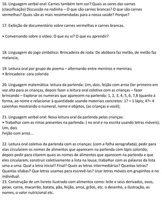 16. Linguagem verbal oral: Carnes também tem cor? Quais as cores das carnes
(classificação) Discussão na rodinha – O que são carnes brancas? O que são carnes
vermelhas? Quais são as mais recomendadas para a nossa saúde? Porque?
17. Exibição de documentário sobre carnes vermelhas e carnes brancas.
• Conversando sobre o vídeo: O que eu vi? O que eu aprendir?
18. Linguagem do jogo simbólico: Brincadeira de roda: De abóbora faz melão, de melão faz
melancia;
19. Leitura oral por grupo do poema – alternando entre meninos e meninas;
• Brincadeira: cara colorida
20. Linguagem matemática: leitura da parlenda: Um, dois, feijão com arroz (ler primeiro em
voz alta para as crianças, depois fazer a leitura oral coletiva com as crianças – fazer
brincando – Explorar os numerais que aparecem na parlenda: 1, 2, 3, 4, 5, 6, 7,8 (quanto à
forma, ao nome e relacionar à quantidade usando materiais concretos: 1? = 1 lápis; 4?= 4
caixinhas mostrando o numeral, nome e objetos, (as crianças e você);
21. Linguagem verbal oral: Nova leitura oral da parlenda pelas crianças:
• Trabalhar com as rimas presentes na parlenda: ( no oral e na escrita usando letras móveis);
Um, dois
Feijão com arroz...
22. Leitura oral coletiva da parlenda com as crianças: (com a folha xerografada); pedir para
elas circularem os nomes de alimentos que aparecem na parlenda com lápis colorido;
depois pedir para citarem quais os nomes de alimentos que aparecem na parlenda e que
eles circularam; construir coletivamente a lista na lousa; trabalhar com as palavras da lista
uma a uma: Qual a letra inicial? Final? Quais as letras intermediárias? Quantas letras?
Quantas sílabas? Que letras usamos para escrevê-las? Usar letras móveis em grupinhos e no
individual.
23. Construção de um livreto ilustrado com alimentos como: leite e seus derivados, ovos,
peixe, carne, macarrão, batata, pão, feijão, arroz, grãos, etc. o desenho, a ilustração, os
nomes, o valor nutricional etc.
 