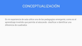 CONCEPTUALIZACIÓN
En mi experiencia de aula utilice una de las pedagogías emergente, como es el
aprendizaje invertido que permite al educando clasificar e identificar una
diferencia de cuadrados
 