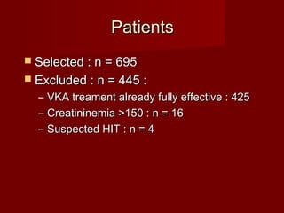 PPaattiieennttss 
 SSeelleecctteedd :: nn == 669955 
 EExxcclluuddeedd :: nn == 444455 :: 
– VVKKAA ttrreeaammeenntt aallrreeaaddyy ffuullllyy eeffffeeccttiivvee :: 442255 
– CCrreeaattiinniinneemmiiaa >>115500 :: nn == 1166 
– SSuussppeecctteedd HHIITT :: nn == 44 
 