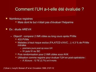 CCoommmmeenntt ll’’UUHH aa--tt--eellllee ééttéé éévvaalluuééee ?? 
 NNoommbbrreeuuxx rreeggiissttrreess 
 MMaaiiss ddoonntt llee bbuutt nn’’ééttaaiitt ppaass dd’’éévvaalluueerr ll’’hhééppaarriinnee 
 EExx :: ééttuuddee AARREEVVAA11 
– OObbjjeeccttiiff :: ccoommppaarreerr 22 IINNRR cciibblleess aauu lloonngg ccoouurrss aapprrèèss PPVVMMee 
 443333 PPVVMMee 
 MMaallaaddeess àà hhaauutt rriissqquuee eexxcclluuss ((FFAA,,AATTCCDD dd’’AAVVCC……));; 44..33 %% ddee PPVVMMee 
mmiittrraalleess 
– pprreemmiieerrss jjoouurrss ppoosstt oopp ssoouuss UUHH 
– IIVV ppuuiiss IIVV oouu SSCC 
 PPuuiiss rraannddoommiissaattiioonn ppoouurr 22 IINNRR cciibblleess ssoouuss AAVVK 
 UUttiilliissaattiioonn ccoommmmee rreeggiissttrree ppoouurr éévvaalluueerr ll’’UUHH eenn ppoosstt--ooppéérraattooiirree :: 
– ÀÀ 3300JJoouurrss :: 1122 TTEE ((22..77%%)) eett 99 mmoorrttss 
(1)Acar J, Iung B, Boissel JP et al. Circulation 1996; 2107-12 
 
