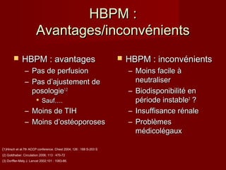 HHBBPPMM :: 
AAvvaannttaaggeess//iinnccoonnvvéénniieennttss 
 HHBBPPMM :: aavvaannttaaggeess 
– PPaass ddee ppeerrffuussiioonn 
– PPaass dd’’aajjuusstteemmeenntt ddee 
ppoossoollooggiiee11..22 
 SSaauuff…….. 
– MMooiinnss ddee TTIIHH 
– MMooiinnss dd’’oossttééooppoorroosseess 
 HHBBPPMM :: iinnccoonnvvéénniieennttss 
– MMooiinnss ffaacciillee àà 
nneeuuttrraalliisseerr 
– BBiiooddiissppoonniibbiilliittéé eenn 
ppéérriiooddee iinnssttaabbllee33 ?? 
– IInnssuuffffiissaannccee rréénnaallee 
– PPrroobbllèèmmeess 
mmééddiiccoollééggaauuxx 
(1)Hirsch et al.7th ACCP conference. Chest 2004; 126 : 188 S-203 S 
(2) Goldhaber. Circulation 2006; 113 : 470-72 
(3) Dorffler-Mely J. Lancet 2002;101 : 1083-86. 
 