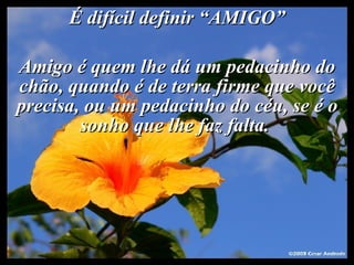 É difícil definir “AMIGO” Amigo é quem lhe dá um pedacinho do chão, quando é de terra firme que você precisa, ou um pedacinho do céu, se é o sonho que lhe faz falta.  