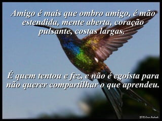 Amigo é mais que ombro amigo, é mão estendida, mente aberta, coração pulsante, costas largas.  É quem tentou e fez, e não é egoísta para não querer compartilhar o que aprendeu.  