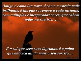 Amigo é como lua nova, é como a estrela mais brilhante, é luz que se renova a cada instante, com múltiplas e inesperadas cores, que cabem todas na sua íris…  É o sol que seca suas lágrimas, é a polpa que adocica ainda mais o seu sorriso… 