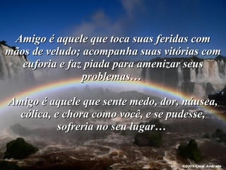 Amigo é aquele que toca suas feridas com mãos de veludo; acompanha suas vitórias com euforia e faz piada para amenizar seus problemas…  Amigo é aquele que sente medo, dor, náusea, cólica, e chora como você, e se pudesse, sofreria no seu lugar…  