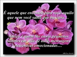 É aquele que encontra para você aquilo que nem você sabia que buscava…  Amigo é quem lhe envia pequenos bilhetes em sala de aula, mensagens eletrônicas emocionadas…  