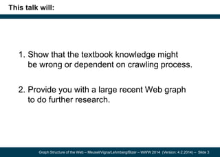 Graph Structure of the Web – Meusel/Vigna/Lehmberg/Bizer – WWW 2014 (Version: 4.2.2014) – Slide 3
This talk will:
1. Show ...