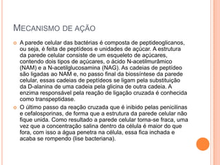 MECANISMO DE AÇÃO
 A parede celular das bactérias é composta de peptideoglicanos,
ou seja, é feita de peptídeos e unidades de açúcar. A estrutura
da parede celular consiste de um esqueleto de açúcares,
contendo dois tipos de açúcares, o ácido N-acetilmurâmico
(NAM) e a N-acetilglucosamina (NAG). As cadeias de peptídeo
são ligadas ao NAM e, no passo final da biossíntese da parede
celular, essas cadeias de peptídeos se ligam pela substituição
da D-alanina de uma cadeia pela glicina de outra cadeia. A
enzima responsável pela reação de ligação cruzada é conhecida
como transpeptidase.
 O último passo da reação cruzada que é inibido pelas penicilinas
e cefalosporinas, de forma que a estrutura da parede celular não
fique unida. Como resultado a parede celular torna-se fraca, uma
vez que a concentração salina dentro da célula é maior do que
fora, com isso a água penetra na célula, essa fica inchada e
acaba se rompendo (lise bacteriana).
 