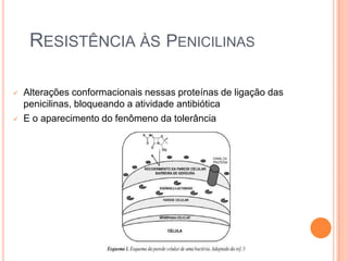 RESISTÊNCIA ÀS PENICILINAS
 Alterações conformacionais nessas proteínas de ligação das
penicilinas, bloqueando a atividade antibiótica
 E o aparecimento do fenômeno da tolerância
 