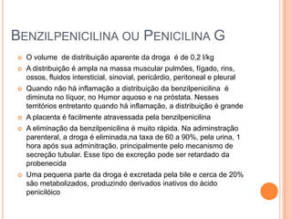  O volume de distribuição aparente da droga é de 0,2 l/kg
 A distribuição é ampla na massa muscular pulmões, fígado, rins,
ossos, fluidos intersticial, sinovial, pericárdio, peritoneal e pleural
 Quando não há inflamação a distribuição da benzilpenicilina é
diminuta no líquor, no Humor aquoso e na próstata. Nesses
territórios entretanto quando há inflamação, a distribuição é grande
 A placenta é facilmente atravessada pela benzilpenicilina
 A eliminação da benzilpenicilina é muito rápida. Na adiminstração
parenteral, a droga é eliminada,na taxa de 60 a 90%, pela urina, 1
hora após sua adminitração, principalmente pelo mecanismo de
secreção tubular. Esse tipo de excreção pode ser retardado da
probenecida
 Uma pequena parte da droga é excretada pela bile e cerca de 20%
são metabolizados, produzindo derivados inativos do ácido
penicilóico
BENZILPENICILINA OU PENICILINA G
 