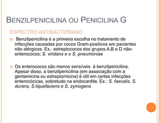 ESPECTRO ANTIBACTERIANO
 Benzilpenicilina é a primeira escolha no tratamento de
infecções causadas por cocos Gram-positivos em pacientes
não alérgicos. Ex.: estreptococos dos grupos A,B e D não-
enterococos; S. viridans e o S. pneumoniae
 Os enterococos são menos sensíveis à benzilpenicilina.
Apesar disso, a benzilpenicilina (em associação com a
gentamicina ou estreptomicina) é útil em certas infecções
enterocócicas, sobretudo na endocardite. Ex.: S. faecalis, S.
durans, S.liquefaciens e S. zymogens
BENZILPENICILINA OU PENICILINA G
 