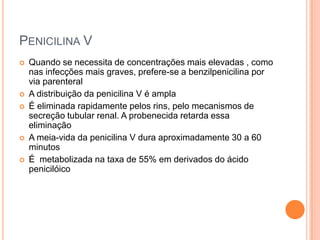 PENICILINA V
 Quando se necessita de concentrações mais elevadas , como
nas infecções mais graves, prefere-se a benzilpenicilina por
via parenteral
 A distribuição da penicilina V é ampla
 É eliminada rapidamente pelos rins, pelo mecanismos de
secreção tubular renal. A probenecida retarda essa
eliminação
 A meia-vida da penicilina V dura aproximadamente 30 a 60
minutos
 É metabolizada na taxa de 55% em derivados do ácido
penicilóico
 