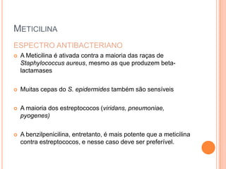 METICILINA
ESPECTRO ANTIBACTERIANO
 A Meticilina é ativada contra a maioria das raças de
Staphylococcus aureus, mesmo as que produzem beta-
lactamases
 Muitas cepas do S. epidermides também são sensíveis
 A maioria dos estreptococos (viridans, pneumoniae,
pyogenes)
 A benzilpenicilina, entretanto, é mais potente que a meticilina
contra estreptococos, e nesse caso deve ser preferível.
 