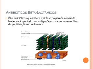 ANTIBIÓTICOS BETA-LACTÂMICOS
 São antibióticos que inibem a síntese da parede celular de
bactérias, impedindo que as ligações cruzadas entre as fitas
de peptideoglicano se formem.
http://search.babylon.com/?affID=110825&tt=0112_6&babs
 