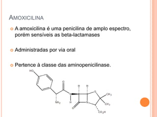 AMOXICILINA
 A amoxicilina é uma penicilina de amplo espectro,
porém sensíveis as beta-lactamases
 Administradas por via oral
 Pertence à classe das aminopenicilinase.
 