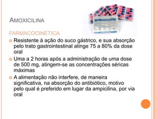 AMOXICILINA
FARMACOCINÉTICA
 Resistente à ação do suco gástrico, e sua absorção
pelo trato gastrointestinal atinge 75 a 80% da dose
oral
 Uma a 2 horas após a administração de uma dose
de 500 mg, atingem-se as concentrações séricas
máximas
 A alimentação não interfere, de maneira
significativa, na absorção do antibiótico, motivo
pelo qual é preferido em lugar da ampicilina, por via
oral
 