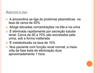 AMOXICILINA
 A amoxicilina se liga às proteínas plasmáticas na
taxa de cerca de 20%
 Atinge elevadas concentrações na bile e na urina
 É eliminada rapidamente por secreção tubular
renal. Cerca de 50 a 70% são excretados pela
urina, sob a forma inalterada
 É metabolizada na taxa de 10%
 Nos paciente com função renal normal, a meia-
vida da fase beta de eliminação dura
aproximadamente 1 hora
 