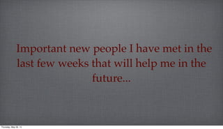 Important new people I have met in the
last few weeks that will help me in the
future...
Thursday, May 29, 14
 
