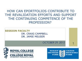 1
SESSION FACULTY
DR. CRAIG CAMPBELL
DR. JAMIE MEUSER
OCTOBER 29, 2015
HOW CAN EPORTFOLIOS CONTRIBUTE TO
THE REVALIDATION EFFORTS AND SUPPORT
THE CONTINUING COMPETENCE OF THE
PROFESSION?
 
