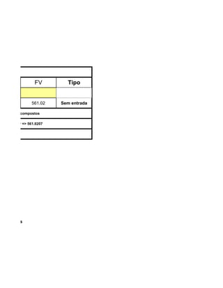1




                    FV               Tipo
                                þÿ    0

                  561.02         Sem entrada

me de juros compostos

D] [FV] Visor => 561.0207




Compostos
 