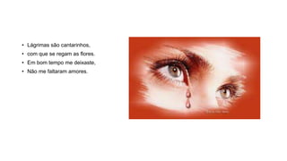 • Lágrimas são cantarinhos,
• com que se regam as flores.
• Em bom tempo me deixaste,
• Não me faltaram amores.
 