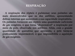 A respiração dos répteis é pulmonar; seus pulmões são
mais desenvolvidos que os dos anfíbios, apresentando
dobras internas que aumentam a sua capacidade respiratória.
Os pulmões fornecem aos répteis uma quantidade suficiente
de gás oxigênio, o que torna "dispensável" a respiração por
meio da pele, observada nos anfíbios. Aliás, com a grande
quantidade de queratina que apresenta, a pele torna-se
praticamente impermeável, o que impossibilita a aquisição
de gás oxigênio.
RESPIRAÇÃO
 