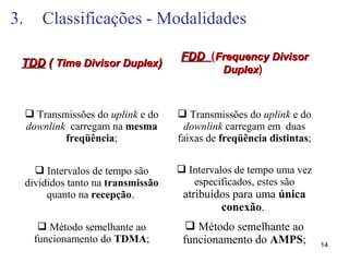 3. Classificações - Modalidades
14
TDDTDD (( Time Divisor DuplexTime Divisor Duplex))
FDDFDD (Frequency DivisorFrequency Divisor
DuplexDuplex)
 Transmissões do uplink e do
downlink carregam na mesma
freqüência;
 Transmissões do uplink e do
downlink carregam em duas
faixas de freqüência distintas;
 Intervalos de tempo são
divididos tanto na transmissão
quanto na recepção.
 Intervalos de tempo uma vez
especificados, estes são
atribuídos para uma única
conexão.
 Método semelhante ao
funcionamento do TDMA;
 Método semelhante ao
funcionamento do AMPS;
 