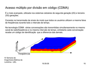 IV Semana de
Engenharia Elétrica de
Londrina - UEL
16.09.08 16
Acesso múltiplo por divisão em código (CDMA)
É a mais avançada, utilizada nos sistemas celulares de segunda geração (2G) e terceira
(3G) gerações.
Consiste na transmissão de sinais de modo que todos os usuários utilizem a mesma faixa
de freqüências durante todo o intervalo de tempo.
Na tecnologia CDMA várias conversações são transmitidas simultaneamente no mesmo
canal de radiofreqüência e no mesmo intervalo de tempo, entretanto cada conversação
recebe um código de identificação que a diferencia das demais.
 