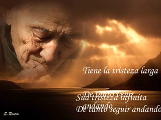 Sua tristeza infinita De tanto seguir andando Tiene la tristeza larga  De tanto venir andando  