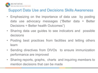 Support Data Use and Decisions Skills Awareness
• Emphasizing on the importance of data use by posting
data use advocacy m...