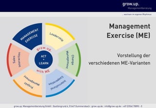 grow.up.
Managementberatung
… wachsen im eigenen Rhythmus
grow.up. Managementberatung GmbH  Quellengrund 4, 51647 Gummersbach  grow-up.de  info@grow-up.de  +49 (2354) 70890 - 0
Vorstellung der
verschiedenen ME-Varianten
Management
Exercise (ME)
 