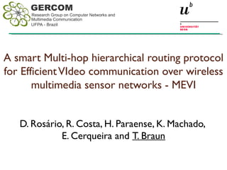 A smart Multi-hop hierarchical routing protocol
for Efficient VIdeo communication over wireless
       multimedia sensor networks - MEVI


   D. Rosário, R. Costa, H. Paraense, K. Machado,
             E. Cerqueira and T. Braun
 