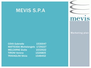 Marketing plan
MEVIS S.P.A
COVA Gabrielle 1530047
MATTEODA Michelangelo 1729227
MELCARNE Giulia 1532522
TIRONI Verena 1526805
TRAVAGLINI Silvia 1548452
 