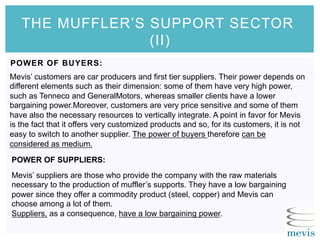 THE MUFFLER’S SUPPORT SECTOR
(II)
POWER OF BUYERS:
Mevis’ customers are car producers and first tier suppliers. Their power depends on
different elements such as their dimension: some of them have very high power,
such as Tenneco and GeneralMotors, whereas smaller clients have a lower
bargaining power.Moreover, customers are very price sensitive and some of them
have also the necessary resources to vertically integrate. A point in favor for Mevis
is the fact that it offers very customized products and so, for its customers, it is not
easy to switch to another supplier. The power of buyers therefore can be
considered as medium.
POWER OF SUPPLIERS:
Mevis’ suppliers are those who provide the company with the raw materials
necessary to the production of muffler’s supports. They have a low bargaining
power since they offer a commodity product (steel, copper) and Mevis can
choose among a lot of them.
Suppliers, as a consequence, have a low bargaining power.
 