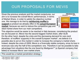 OUR PROPOSALS FOR MEVIS
Given the previous analysis and the market conjectures, our
aim is to increase the overall Mevis’ performances, in terms
of Market Share, in order to satisfy the objective number
one. We manage to do that by reinforcing muffler’s
support (a product we already offer) in the actual European
market because we want to reduce the competitive gap and
steal market share from our main competitors.
* See appendix: Graph 1, page 2
**See appendix: Table 1, page 5
MARKET
PENETRATION
PRODUCT
DEVELOPMENT
MARKET
EXTENSION DIVERSIFICATION
PRESENT NEW
PRODUCTS
NEWPRESENT
MARKETS
This objective would be easier to be reached in Italy because, considering the product
we are focused on, Mevis has the second biggest market share, after GLM.
On the other hand, despite the crisis and the decreasing demand for cars (and
therefore of mufflers’ supports) in the overall European market*, we believe it is
possible also to act on this market in order to increase the company’s market share.
Indeed, despite the crisis of 2009, Mevis is a financially stable company, since its loss in
revenues was only the half of the competitors’ one. Therefore it can be possible to take
advantage from situations like the one faced by Mediguren** (a Spanish company that
failed) to increase Mevis’ own market share.
This would be a market penetration strategy
 