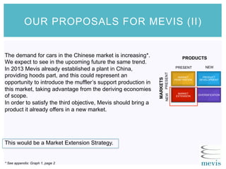 The demand for cars in the Chinese market is increasing*.
We expect to see in the upcoming future the same trend.
In 2013 Mevis already established a plant in China,
providing hoods part, and this could represent an
opportunity to introduce the muffler’s support production in
this market, taking advantage from the deriving economies
of scope.
In order to satisfy the third objective, Mevis should bring a
product it already offers in a new market.
MARKET
PENETRATION
PRODUCT
DEVELOPMENT
MARKET
EXTENSION DIVERSIFICATION
OUR PROPOSALS FOR MEVIS (II)
NEWPRESENT
PRODUCTS
PRESENTNEW
MARKETS
This would be a Market Extension Strategy.
* See appendix: Graph 1, page 2
 