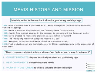 1961: Born in Veneto after a “purchase error”, which managed to fulfill the unsatisfied local
demand for springs
1883: Mevis introduced the principle of the Company Wide Quality Control
1986: Just in Time method adopted by the company to compete with the European market
1996: Mevis created its first online platform as a promotion instrument
1997: The first spring factory in Europe to receive ISO 9001
2006: New plant in Slovakia and Mevis tripled its production activity
2013: First production unit and technical center in China, specialized only in the production of
hood parts
MEVIS HISTORY AND MISSION
“Total customer satisfaction is our aim and we build around a wire to achieve it”
1.  QUALITY PRODUCTS: they are technically excellent and qualitatively high
2.  BEST COMPONENTS to meet consumers’ needs
3.  WORK WITH CUSTOMERS to create a valuable efficient final output
Mevis is active in the mechanical sector, producing metal springs
 