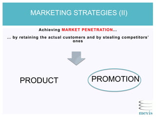 MARKETING STRATEGIES (II)
Achieving MARKET PENETRATION…
… by retaining the actual customers and by stealing competitors’
ones
PRODUCT PROMOTION
 