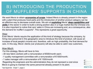 B) INTRODUCING THE PRODUCTION
OF MUFFLERS’ SUPPORTS IN CHINA
We want Mevis to obtain economies of scope. Indeed Mevis is already present in the region
with a plant that produces hood parts and the introduction of another product category can be
an effective way to decrease overall costs. We aim at exploiting Mevis’ deep capabilities and
skills in the sector in order to build a strong position also in a huge market like the Chinese one.
It is also important to notice that cars’ sales in China are increasing and, as a consequence, also
the demand for muffler’s supports*. This represents a great opportunity.
How:
Even Mevis’ clients require the application of this kind of strategy because the company, by
hiring new personnel in this geographic area to introduce this kind of product, will cause an
increase of local people’s income and, therefore, with an high probability, the final demand for
cars. In this way, Mevis’ clients (car producers) will also be able to catch new customers.
How Much:
For this strategy, Mevis will have to hire:
- 30 new fabric workers with a remuneration of €500/month each;
-1 quality management committee with a remuneration of €1500/month;
- 1 sales manager with a remuneration of € 1500/month
Regarding the engineers and the administrators they do not represent a cost since
Mevis is going to maintain the same personnel already present in its plant.
*see Appendix: Graph 1, page 2
 