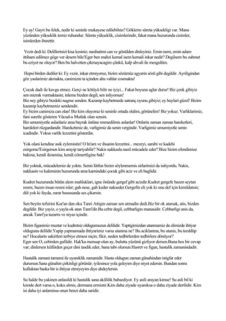 Ey ay! Gayri bu felek, nedir ki seninle mukayese edilebilsin? Göklerin süreta yüksekligi var. Mana
yüzünden yükseklik temiz ruhundur. Süreta yükseklik, cisimlerindir, fakat mana huzurunda cisimler,
isimlerden ibsrettir.

 Vezir dedi ki: Delillerinizi kisa kesiniz; nasihatimi can ve gönülden dinleyiniz. Emin isem, emin adam
ittiham edilmez göge ver desem bile!Eger ben mahzi kemal isem kemali inkar nedir? Degilsem bu zahmet
bu eziyet ne oluyor? Ben bu halvetten çikmayacagim çünkü, kalp ahvali ile mesgulüm.

Hepsi birden dediler ki: Ey vezir, inkar etmiyoruz, bizim sözümüz agyarin sözü gibi degildir. Ayriligindan
göz yaslarimiz akmakta, canimizin ta içinden ahu vahlar cosmakta!

Çocuk dadi ile kavga etmez. Gerçi ne kötüyü bilir ne iyiyi... Fakat boyuna aglar durur! Biz çenk gibiyiz
sen mizrak vurmaktasin; inleme bizden degil, sen inliyorsun!
Biz ney gibiyiz bizdeki nagme senden. Kazanip kaybetmede satranç oyunu gibiyiz; ey huylari güzel! Bizim
kazanip kaybetmemiz sendendir.
Ey bizim canimiza can olan! Biz kim oluyoruz ki seninle ortada olalim, görünelim! Biz yokuz. Varliklarimiz,
fani suretle gösteren Vücud-u Mutlak olan sensin.
Biz umumiyetle aslanlariz ama bayrak üstüne resmedilmis aslanlar! Onlarin zaman zaman hareketleri,
hamleleri rüzgardandir. Hareketimiz de, varligimiz da senin vergindir. Varligimiz umumiyetle senin
icadindir. Yoksa varlik lezzetini gösterdin.

Yok olani kendine asik eylemistin! O In'am ve ihsanin lezzetini... mezeyi, sarabi ve kadehi
esirgeme!Esirgersen kim arayip tariyabilir? Nakis nakkasla nasil mücadele eder? Bize bizim efendimize
bakma; kendi ikramina, kendi cömertligine bak!

Biz yoktuk, mücadelemiz de yoktu. Senin lütfun bizim söylenmemis sirlarimizi da isitiyordu. Nakis,
nakkasin ve kaleminin huzurunda ama karnindaki çocuk gibi aciz ve eli baglidir.

Kudret huzurunda bütün alem mahluklari, igne önünde gergef gibi acizdir.Kudret gergefe bazen seytan
resmi, bazen insan resmi isler; gah nese, gah keder nakseder.Gergefin eli yok ki onu def için kimildatsin;
dili yok ki fayda, zarar hususunda ses çikarsin.

Sen beytin tefsirini Kur'an dan oku Tanri Attigin zaman sen atmadin dedi.Biz bir ok atarsak, atis, bizden
degildir. Biz yayiz, o yayla ok atan Tanri'dir.Bu cebir degil, cebbarligin manasidir. Cebbarligi anis da,
ancak Tanri'ya tazarru ve niyaz içindir.

Bizim figanimiz muztar ve kudretsiz oldugumuzun delilidir. Yaptigimizdan utanmamiz da elimizde ihtiyar
olduguna delildir.Yapip yapmamada ihtiyarimiz varsa utanma ne? Bu aciklanma, bu utanis, bu teeddüp
ne? Hocalarin sakirtleri terbiye etmesi niçin; fikir, neden tedbirlerden tedbirlere dönüyor?
Eger sen O, cebirden gafildir. Hak'ka mensup olan ay, bulutta yüzünü gizliyor dersen.Buna hos bir cevap
var; dinlersen küfürden geçer dini tasdik eder, bana tabi olursun:Hasret ve figan, hastalik zamanindadir.

Hastalik zamani tamami ile uyaniklik zamanidir. Hasta oldugun zaman günahindan istigfar eder
durursun.Sana günahin çirkinligi görünür; iyilesince yola geleyim diye niyet edersin. Bundan sonra
kulluktan baska bir is ihtiyar etmiyeyim diye ahdeylersin.

Su halde bu yakinen anlasildi ki hastalik sana akillilik bahsediyor. Ey asili arayan kimse! Su asli bil ki
kimde dert varsa o, koku almis, dermana ermistir.Kim daha ziyade uyaniksa o daha ziyade dertlidir. Kim
isi daha iyi anlamissa onun benzi daha saridir.
 