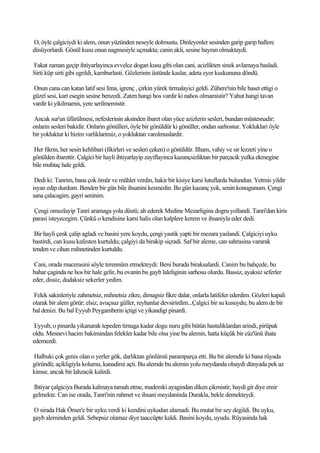 O, öyle çalgiciydi ki alem, onun yüzünden neseyle dolmustu. Dinleyenler sesinden garip garip hallere
düsüyorlardi. Gönül kusu onun nagmesiyle uçmakta; canin akli, sesine hayran olmaktaydi.

Fakat zaman geçip ihtiyarlayinca evvelce dogan kusu gibi olan cani, acizlikten sinek avlamaya basladi.
Sirti küp sirti gibi egrildi, kamburlasti. Gözlerinin üstünde kaslar, adeta eyer kuskununa döndü.

Onun cana can katan latif sesi fena, igrenç , çirkin yürek tirmalayici geldi. Zühere'nin bile haset ettigi o
güzel sesi, kart esegin sesine benzedi. Zaten hangi hos vardir ki nahos olmamistir? Yahut hangi tavan
vardir ki yikilmamis, yere serilmemistir.

Ancak sur'un üfürülmesi, nefeslerinin aksinden ibaret olan yüce azizlerin sesleri, bundan müstesnadir;
onlarin sesleri bakidir. Onlarin gönülleri, öyle bir gönüldür ki gönüller, ondan sarhostur. Yokluklari öyle
bir yokluktur ki bizim varliklarimiz, o yokluktan varolmuslardir.

Her fikrin, her sesin kehlibari (fikirleri ve sesleri çeken) o gönüldür. Ilham, vahiy ve sir lezzeti yine o
gönülden ibarettir. Çalgici bir hayli ihtiyarlayip zayiflayinca kazançsizliktan bir parçacik yufka ekmegine
bile muhtaç hale geldi.

 Dedi ki: Tanrim, bana çok ömür ve mühlet verdin, hakir bir kisiye karsi lutuflarda bulundun. Yetmis yildir
isyan edip durdum. Benden bir gün bile ihsanini kesmedin. Bu gün kazanç yok, senin konugunum. Çengi
sana çalacagim, gayri seninim.

Çengi omuzlayip Tanri aramaga yola düstü; ah ederek Medine Mezarligina dogru yollandi. Tanri'dan kiris
parasi isteyecegim. Çünkü o kendisine karsi halis olan kalplere kerem ve ihsaniyla eder dedi.

 Bir hayli çenk çalip agladi ve basini yere koydu, çengi yastik yapti bir mezara yaslandi. Çalgiciyi uyku
bastirdi, can kusu kafesten kurtuldu; çalgiyi da birakip siçradi. Saf bir aleme, can sahrasina vararak
tenden ve cihan mihnetinden kurtuldu.

 Cani, orada macerasini söyle terennüm etmekteydi: Beni burada biraksalardi. Canim bu bahçede, bu
bahar çaginda ne hos bir hale gelir, bu ovanin bu gayb laleliginin sarhosu olurdu. Bassiz, ayaksiz seferler
eder, dissiz, dudaksiz sekerler yedim.

Felek sakinleriyle zahmetsiz, mihnetsiz zikre, dimagsiz fikre dalar, onlarla latifeler ederdim. Gözleri kapali
olarak bir alem görür; elsiz, avuçsuz güller, reyhanlar devsirirdim...Çalgici bir su kusuydu; bu alem de bir
bal denizi. Bu bal Eyyub Peygamberin içtigi ve yikandigi pinardi.

 Eyyub, o pinarda yikanarak tepeden tirnaga kadar dogu nuru gibi bütün hastaliklardan arindi, pirüpak
oldu. Mesnevi hacim bakimindan felekler kadar bile olsa yine bu alemin, hatta küçük bir cüz'ünü ihata
edemezdi.

Halbuki çok genis olan o yerler gök, darliktan gönlümü paramparça etti. Bu bir alemdir ki bana rüyada
göründü; açikligiyla kolumu, kanadimi açti. Bu alemde bu alemin yolu meydanda olsaydi dünyada pek az
kimse, ancak bir lahzacik kalirdi.

Ihtiyar çalgiciya Burada kalmaya tamah etme, mademki ayagindan diken çikmistir, haydi git diye emir
gelmekte. Can ise orada, Tanri'nin rahmet ve ihsani meydaninda Durakla, bekle demekteydi.

O sirada Hak Ömer'e bir uyku verdi ki kendini uykudan alamadi. Bu mutat bir sey degildi. Bu uyku,
gayb aleminden geldi. Sebepsiz olamaz diye taaccüpte kaldi. Basini koydu, uyudu. Rüyasinda hak
 