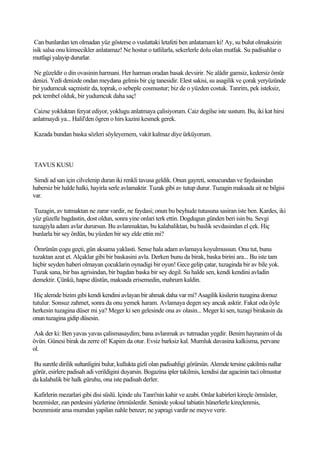 Can bunlardan ten olmadan yüz gösterse o vuslattaki letafeti ben anlatamam ki! Ay, su bulut olmaksizin
isik salsa onu kimsecikler anlatamaz! Ne hostur o tatlilarla, sekerlerle dolu olan mutfak. Su padisahlar o
mutfagi yalayip dururlar.

Ne güzeldir o din ovasinin harmani. Her harman oradan basak devsirir. Ne alâdir gamsiz, kedersiz ömür
denizi. Yedi denizde ondan meydana gelmis bir çig tanesidir. Elest sakisi, su asagilik ve çorak yeryüzünde
bir yudumcuk saçmistir da, toprak, o sebeple cosmustur; biz de o yüzden costuk. Tanrim, pek isteksiz,
pek tembel olduk, bir yudumcuk daha saç!

 Caizse yokluktan feryat ediyor, yoklugu anlatmaya çalisiyorum. Caiz degilse iste sustum. Bu, iki kat hirsi
anlatmaydi ya... Halil'den ögren o hirs kazini kesmek gerek.

Kazada bundan baska sözleri söyleyemem, vakit kalmaz diye ürküyorum.



TAVUS KUSU

Simdi ad san için cilvelenip duran iki renkli tavusa geldik. Onun gayreti, sonucundan ve faydasindan
habersiz bir halde halki, hayirla serle avlamaktir. Tuzak gibi av tutup durur. Tuzagin maksada ait ne bilgisi
var.

 Tuzagin, av tutmaktan ne zarar vardir, ne faydasi; onun bu beyhude tutusuna sasiran iste ben. Kardes, iki
yüz güzelle bagdastin, dost oldun, sonra yine onlari terk ettin. Dogdugun günden beri isin bu. Sevgi
tuzagiyla adam avlar durursun. Bu avlanmaktan, bu kalabaliktan, bu baslik sevdasindan el çek. Hiç
bunlarla bir sey ördün, bu yüzden bir sey elde ettin mi?

 Ömrünün çogu geçti, gün aksama yaklasti. Sense hala adam avlamaya koyulmussun. Onu tut, bunu
tuzaktan azat et. Alçaklar gibi bir baskasini avla. Derken bunu da birak, baska birini ara... Bu iste tam
hiçbir seyden haberi olmayan çocuklarin oynadigi bir oyun! Gece gelip çatar, tuzaginda bir av bile yok.
Tuzak sana, bir bas agrisindan, bir bagdan baska bir sey degil. Su halde sen, kendi kendini avladin
demektir. Çünkü, hapse düstün, maksada erisemedin, mahrum kaldin.

 Hiç alemde bizim gibi kendi kendini avlayan bir ahmak daha var mi? Asagilik kisilerin tuzagina domuz
tutulur. Sonsuz zahmet, sonra da onu yemek haram. Avlamaya degen sey ancak asktir. Fakat oda öyle
herkesin tuzagina düser mi ya? Meger ki sen gelesinde ona av olasin... Meger ki sen, tuzagi birakasin da
onun tuzagina gidip düsesin.

Ask der ki: Ben yavas yavas çalismasaydim; bana avlanmak av tutmadan yegdir. Benim hayranim ol da
övün. Günesi birak da zerre ol! Kapim da otur. Evsiz barksiz kal. Mumluk davasina kalkisma, pervane
ol.

Bu suretle dirilik sultanligini bulur, kullukta gizli olan padisahligi görürsün. Alemde tersine çakilmis nallar
görür, esirlere padisah adi verildigini duyarsin. Bogazina ipler takilmis, kendisi dar agacinin taci olmustur
da kalabalik bir halk güruhu, ona iste padisah derler.

Kafirlerin mezarlari gibi disi süslü. Içinde ulu Tanri'nin kahir ve azabi. Onlar kabirleri kireçle örmüsler,
bezemisler, zan perdesini yüzlerine örtmüslerdir. Seninde yoksul tabiatin hünerlerle kireçlenmis,
bezenmistir ama mumdan yapilan nahle benzer; ne yapragi vardir ne meyve verir.
 