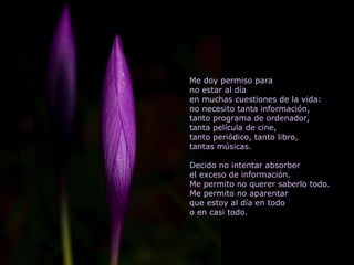 Me doy permiso para no estar al día en muchas cuestiones de la vida: no necesito tanta información, tanto programa de ordenador, tanta película de cine, tanto periódico, tanto libro, tantas músicas. Decido no intentar absorber  el exceso de información. Me permito no querer saberlo todo. Me permito no aparentar que estoy al día en todo o en casi todo. 